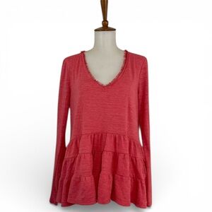Anthropologie‎ Deletta Thea Coral Top Women's S V-Neck Long Sleeve Ruffle Hem